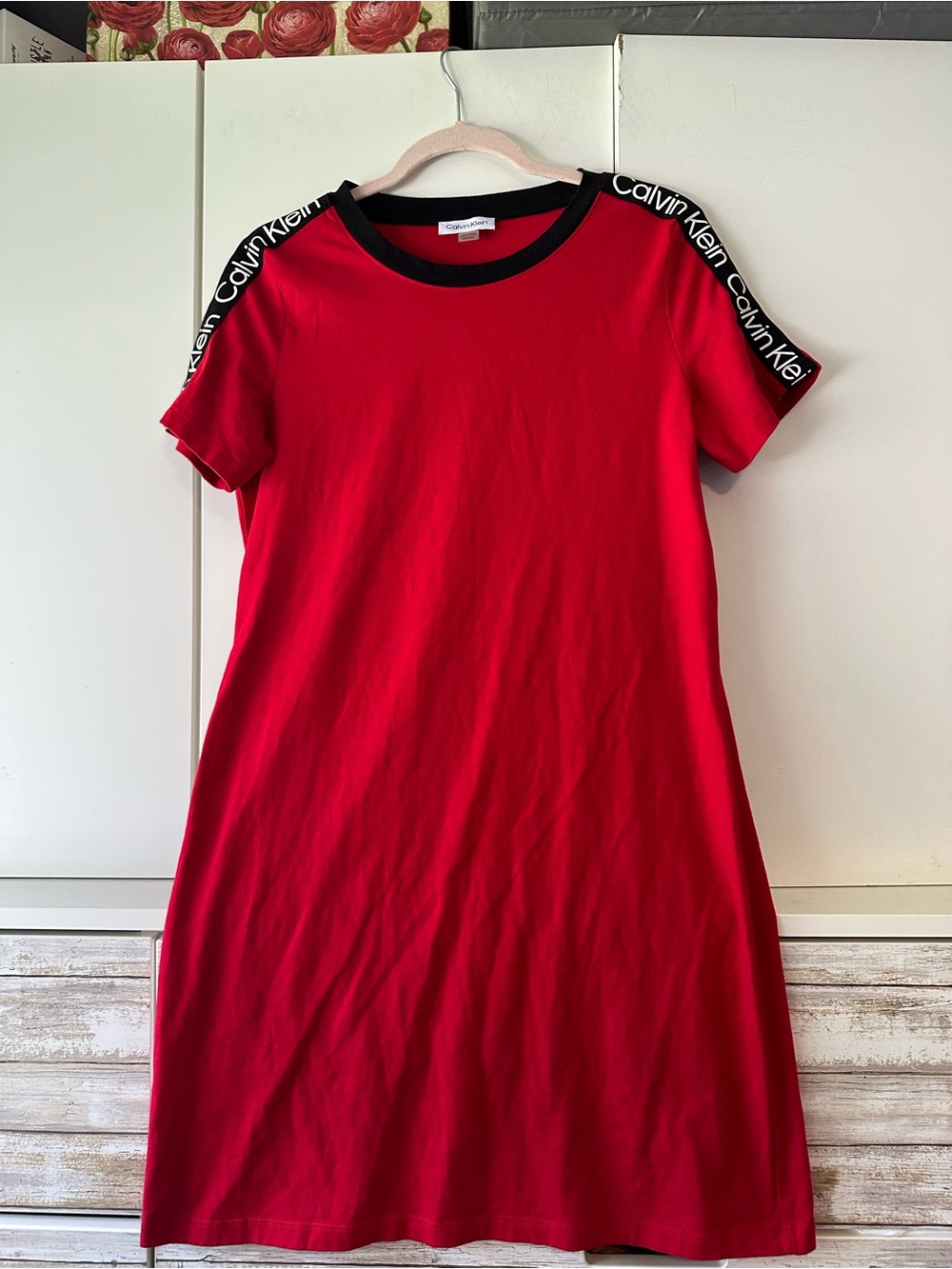 ❤️ Calvin Klein Logo Tape T-Shirt Dress - Red Black - Women’s Medium